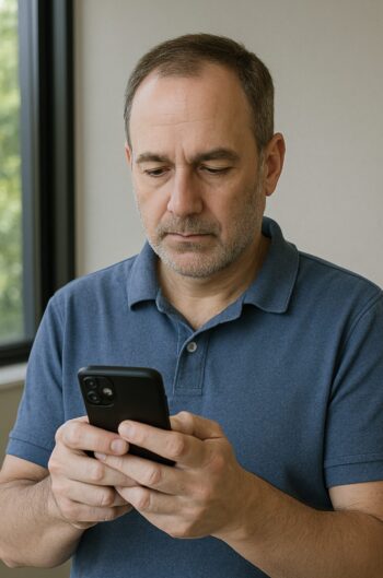 Middle-aged man in a blue polo shirt stands indoors near a window, focused on his smartphone. Natural light brightens the scene, creating a calm and thoughtful atmosphere.